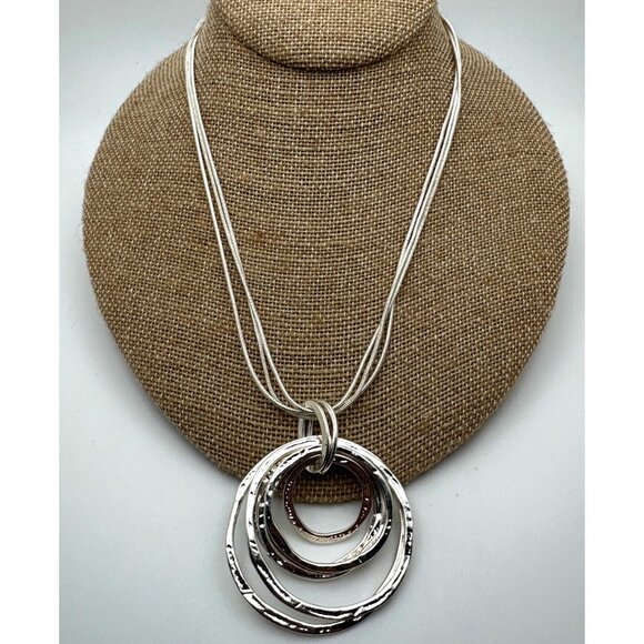 Layered Silver-Tone Textured Circle Pendant Necklace Multi Chain Minimalist - Picture 2 of 10